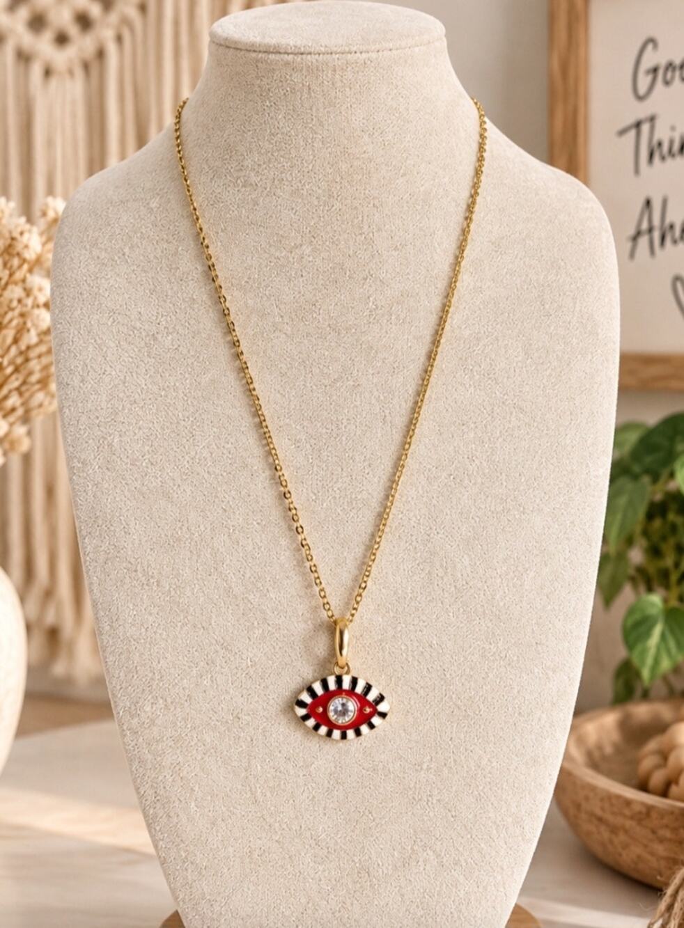 Striped Stone Evil Eye Pendent Gold Necklace New